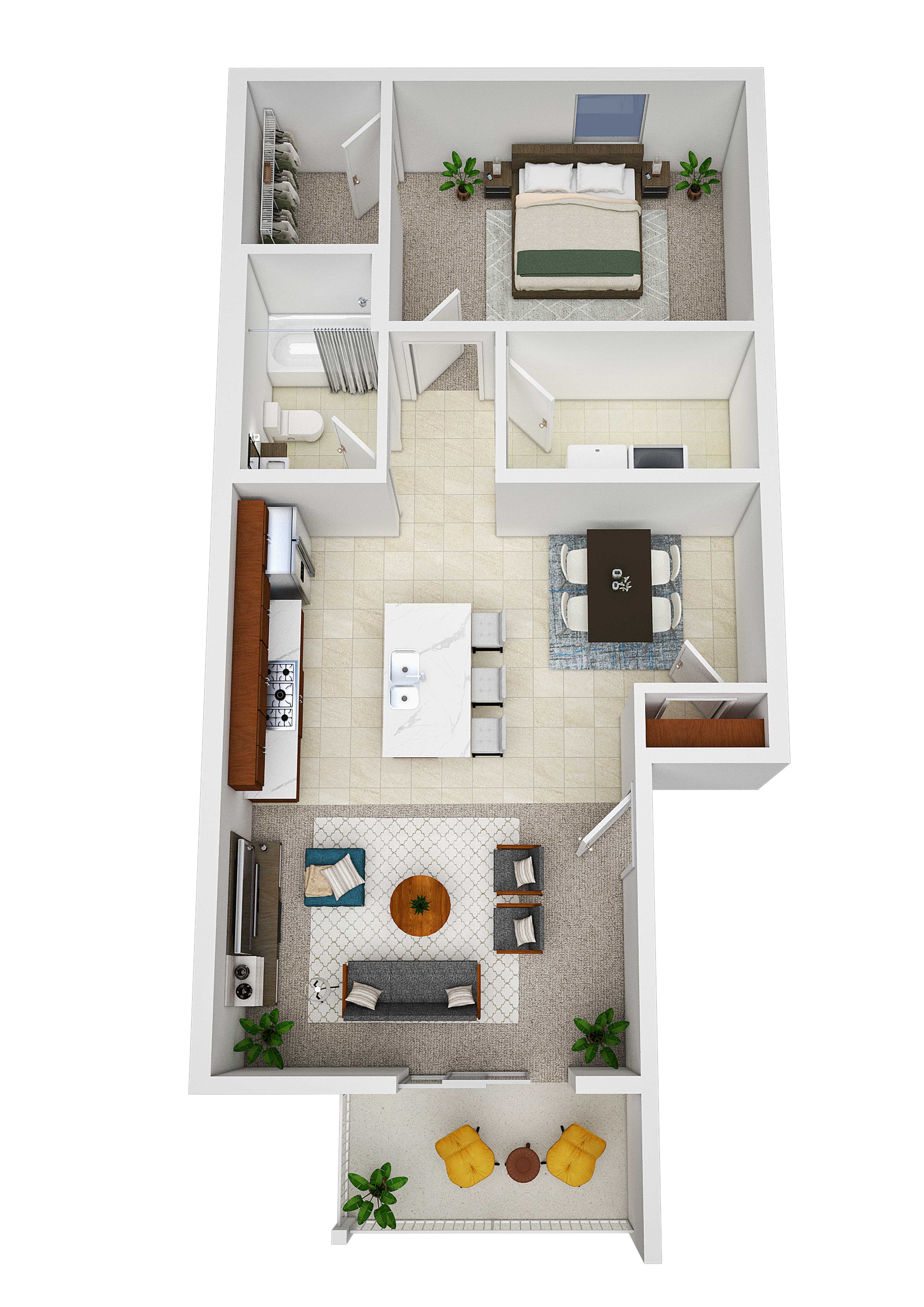 Floor plan for 1 bed, 1 bath, 731 sqft